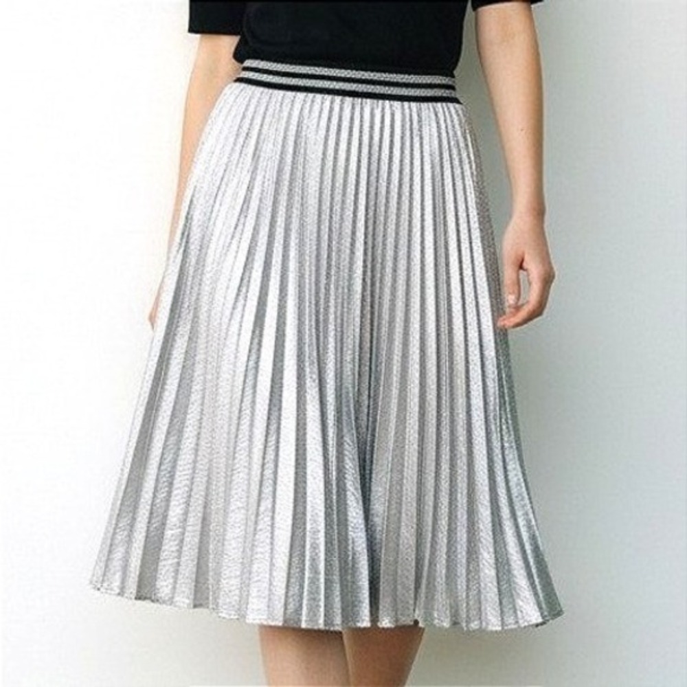 Angie Womens Metallic Silver Pleated Midi Skirt Elastic Glitter Waistband M NWT